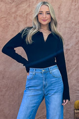 Chic Johnny Collar Long Sleeve Ribbed Bodysuit - Stylish & Versatile Fashion Piece