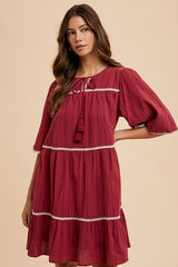 Annie Wear Bohemian Tassel Trim Tiered Cotton Dress - Half Sleeve & Tie Neck