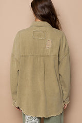 POL Women's Distressed Cotton Shacket with Raw Hem - Chic Transitional Outerwear