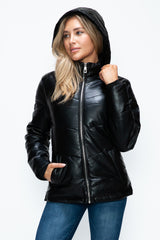 How Dare U Unisex Zip-Up Puffer Jacket with Removable Hood & Functional Pockets - Warm Pleather Outerwear