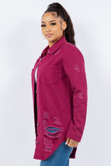 American Bazi Women's Distressed Denim Jacket - Button Up Long Sleeve
