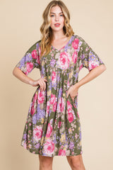 BOMBOM Floral V-Neck Ruched Dress - Elegant & Stylish