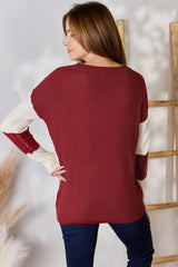 Hailey & Co Full Size Color Block Dropped Shoulder Knit Top - Stylish & Comfortable