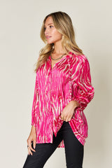Double Take Full Size Printed Button-Up Long Sleeve Shirt with Frill Detail