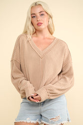 VERY J Women's V-Neck Ribbed Knit Top with Exposed Seams - Ideal Fall Layering Essential