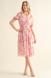 Elegant Smocked Waist Floral Midi Dress for Women - Versatile & Chic