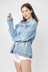 RISEN Women's Full Size Distressed Long Sleeve Denim Jacket - Vintage Style