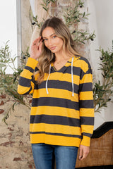 Trendy Full Size Striped Long Sleeve Hoodie with Adjustable Drawstring