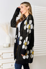 Stylish Floral Button Down Longline Cardigan with Ribbed Design