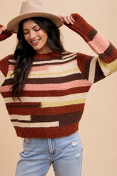 Annie Wear Chic Color Block Round Neck Long Sleeve Sweater