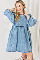 HEYSON Oversized Denim Babydoll Dress - Full Size Trendy Balloon Sleeve