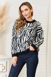 Heimish Zebra Print Sweater - Trendy Round Neck, Long Sleeves