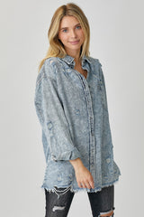 Stylish RISEN Distressed Raw Hem Denim Shirt – Casual Edgy Wardrobe Essential