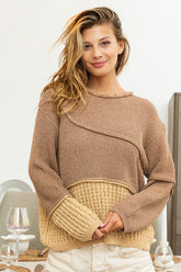 BiBi Textured Contrast Drop Shoulder Sweater - Cozy Fall & Winter Fashion