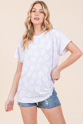BOMBOM Women's Floral Textured Short Sleeve T-Shirt - Soft & Stylish Knit Top