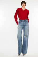 Kancan Women's Distressed High Waist Bootcut Jeans - Retro Chic Fashion for a Flattering Silhouette