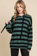 BOMBOM Women's Striped Drawstring Dropped Shoulder Hoodie - Trendy Streetwear