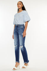Kancan High Rise Distressed Slim Straight Jeans - Trendy Dark Wash, Flattering Fit for Women