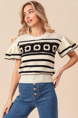 BiBi Granny Square Striped Short Sleeve Sweater - Retro & Bohemian Style