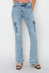 RISEN High Rise Cargo Flare Jeans - Vintage Flare with Modern Comfort