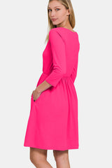 Zenana Elegant Three-Quarter Sleeve Surplice Dress with Pockets - Perfect for Any Occasion