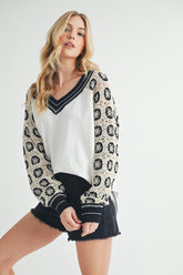 Bohemian Crochet V-Neck Top with Elegant Contrast Stitching - Aemi+Co