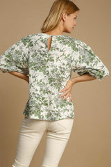 Umgee Floral Blouse with Pleated Details and Lace Trim Sleeves