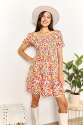 Floral Smocked Sweetheart Neck Mini Dress with Flounce Sleeves