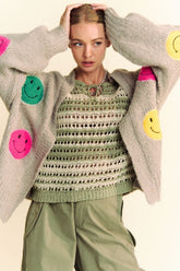 Davi & Dani Cozy Fuzzy Smile Cardigan - Stylish Open Front Long Sleeve