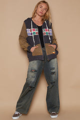 POL Contrast Square Patch Pattern Hooded Zipper Jacket - Trendy Cotton Outerwear