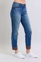 Judy Blue Full Size Plaid Cuff Mid Waist Straight Leg Jeans with Pockets - Versatile Denim