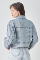 RISEN Women's Cropped Denim Jacket - Button Down, Trendy & Versatile