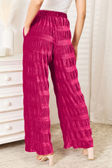 High Waist Velvet Wide Leg Pants with Pockets - Tiered Shirring Design