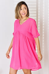 Zenana Women's Swiss Dot Babydoll Dress with Rolled Short Sleeves