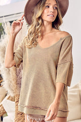 BiBi Washed Notched Short Sleeve Cotton Blend Top