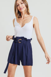 Women's Buckle Belt Linen Shorts - Cotton Bleu Summer Fashion by Nu Label