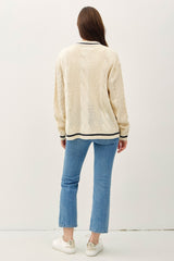 Trendy Contrast Trim Cable-Knit V-Neck Cardigan - Elegant & Fashionable