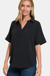 Zenana Full Size Textured Collared Neck Short Sleeve Women's Top - Chic & Versatile