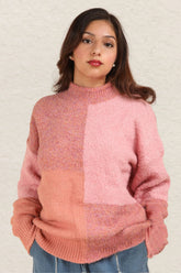 Trendy Color Block Mock Neck Sweater with Drop Shoulders - Cozy & Stylish