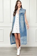 Veveret Full Size Sleeveless Distressed Longline Denim Jacket for Women