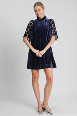 Umgee Velvet Dress with Dotted Lace Half Sleeves and Back Tie