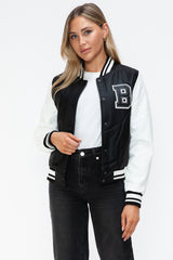 Vintage-Style PU Leather Bomber Jacket - Snap Down Contrast, NK Wears