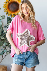 HOPELY Women's Leopard Star Patch Short Sleeve T-Shirt - Trendy & Comfortable