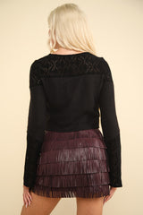 Elegant V-Neck Lace Detail Ribbed Crop Top with Bell Sleeves by VERY J