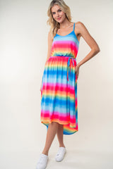 White Birch Ombre Striped Midi Cami Dress with High-Low Hem and Pockets