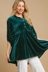 Umgee Pearl Detail Velvet Babydoll Blouse – Chic Half Sleeves & Elegant Style
