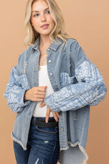 Trendy Paisley Print Quilted Sleeve Denim Jacket - And The Why