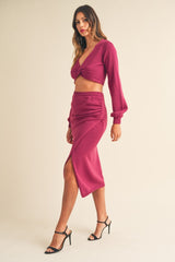 MABLE Women's Front Twisted Knit Top & Midi Skirt Set - Chic 2-Piece Outfit
