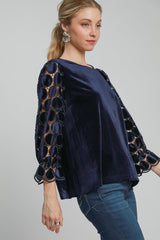Umgee Women's Polka Dot Lace Blouse - Long Sleeve, Round Neck