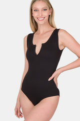 Zenana Microfiber Notched Sleeveless Bodysuit - Chic and Comfortable Wardrobe Essential